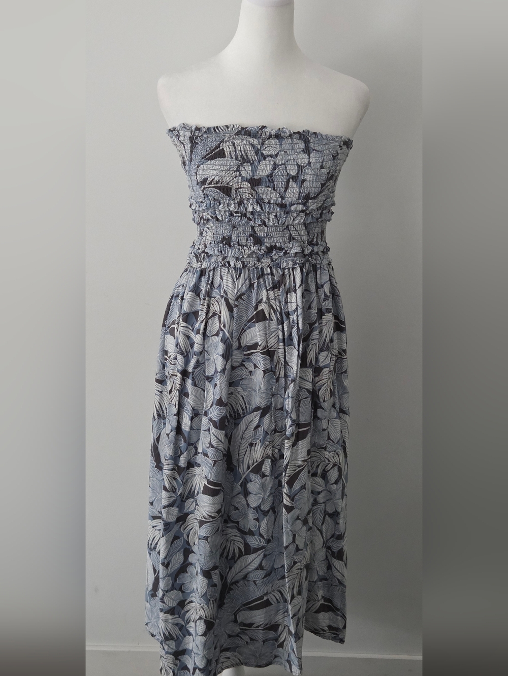 O'Neill Strapless Smocked Floral Dress in Blue and White